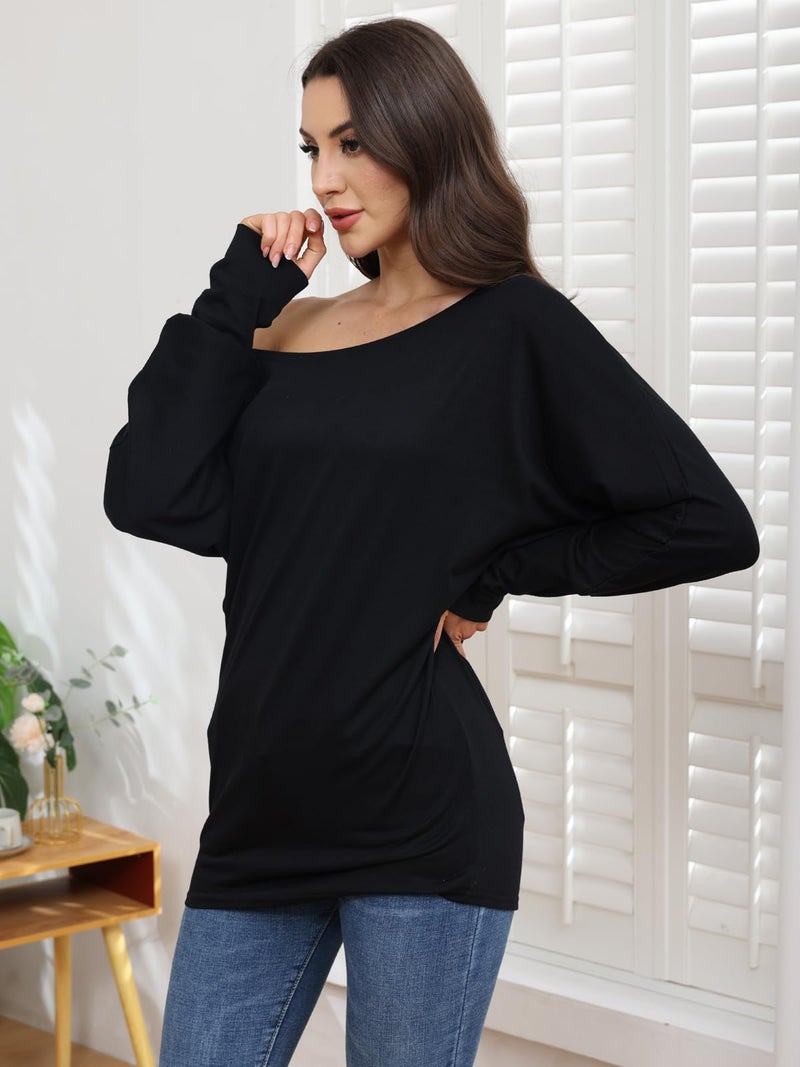 Poetsky Off Shoulder Shirts for Women Dolman Long Sleeve Tops Oversized Blouse Pullover, Black, L - Image 5